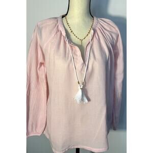 Boden Pink White Stripe Top Long Sleeve Tassel Blouse 12 L
